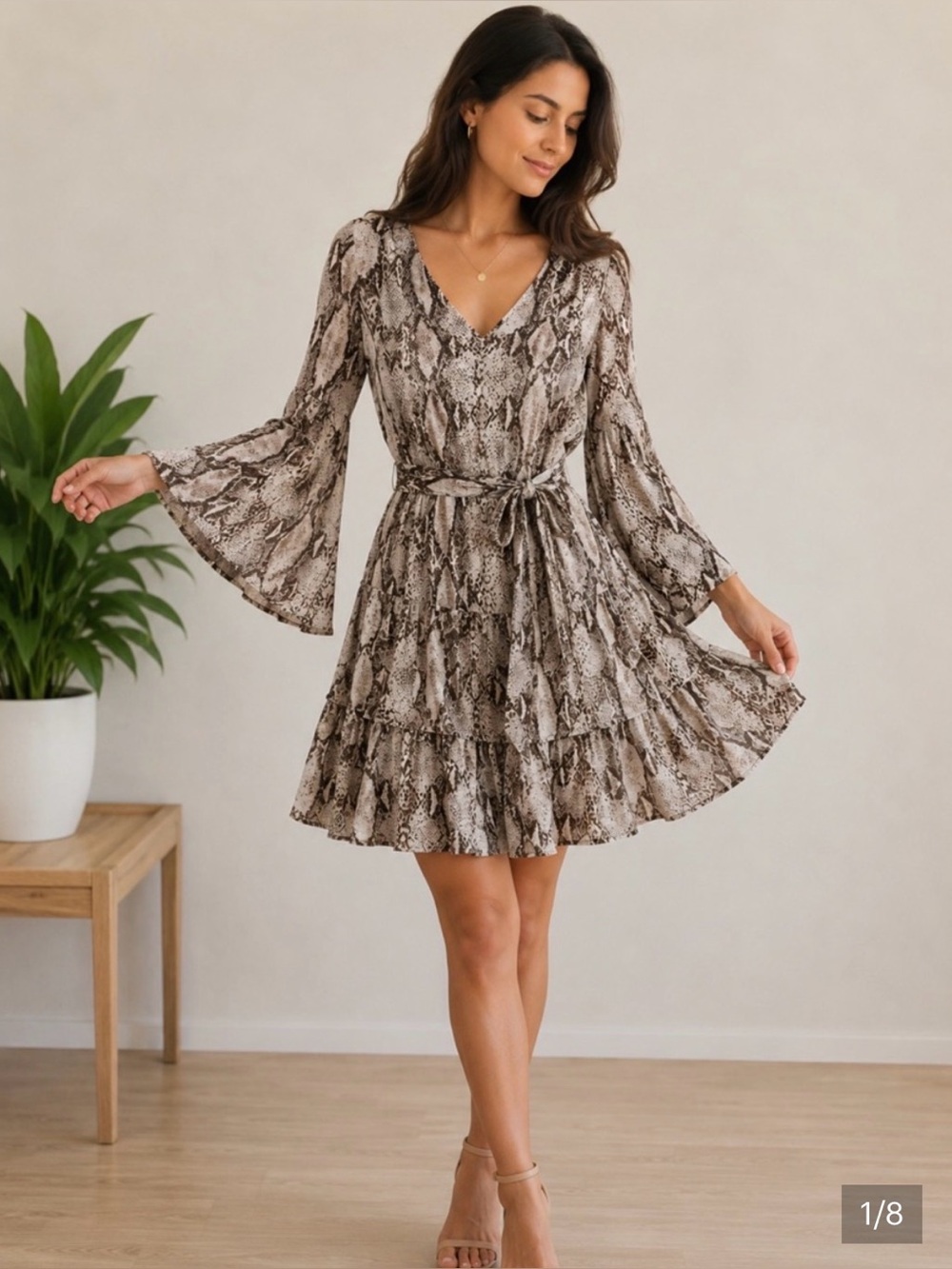 WHBM V-Neck Snake Print Tiered Mini Dress in Neutral Taupe with adjustable slip.